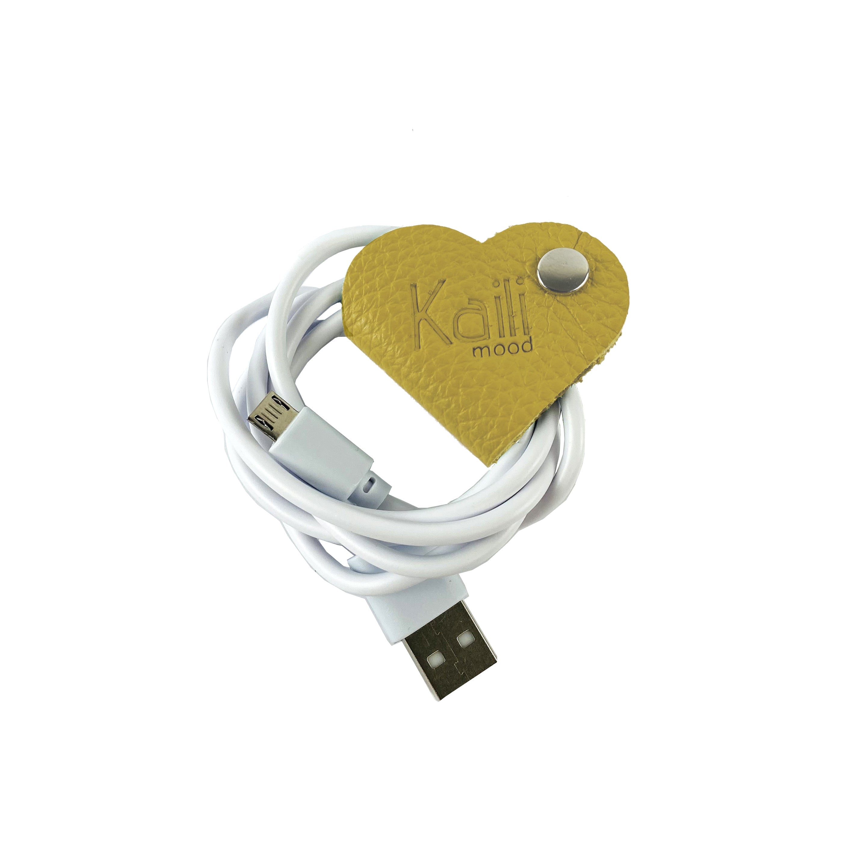 K0039RB | Heart Cable Winder Made in Italy in Genuine Full Grain Leather, Dollar Grain - Yellow Color - Dimensions: 5 x 8 x 0.5 cm - Packaging: Rigid Gift Box with bottom/lid-0