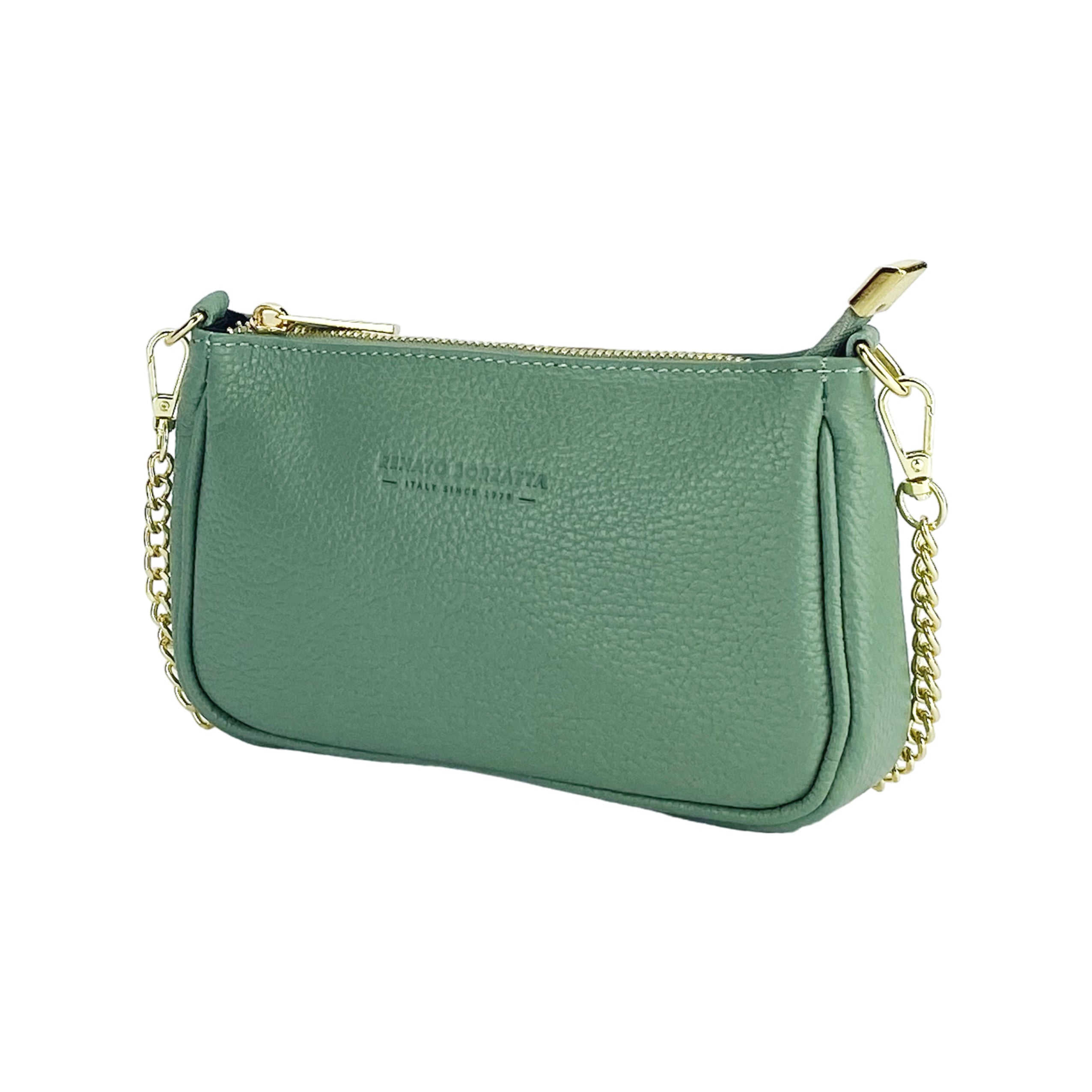 RB1022BF | Small Genuine Leather Bag Made in Italy with Removable Chain Shoulder Strap. Zip Closure and Polished Gold Metal Accessories. Mint Color. Dimensions: 20 x 12 x 6 cm.-0
