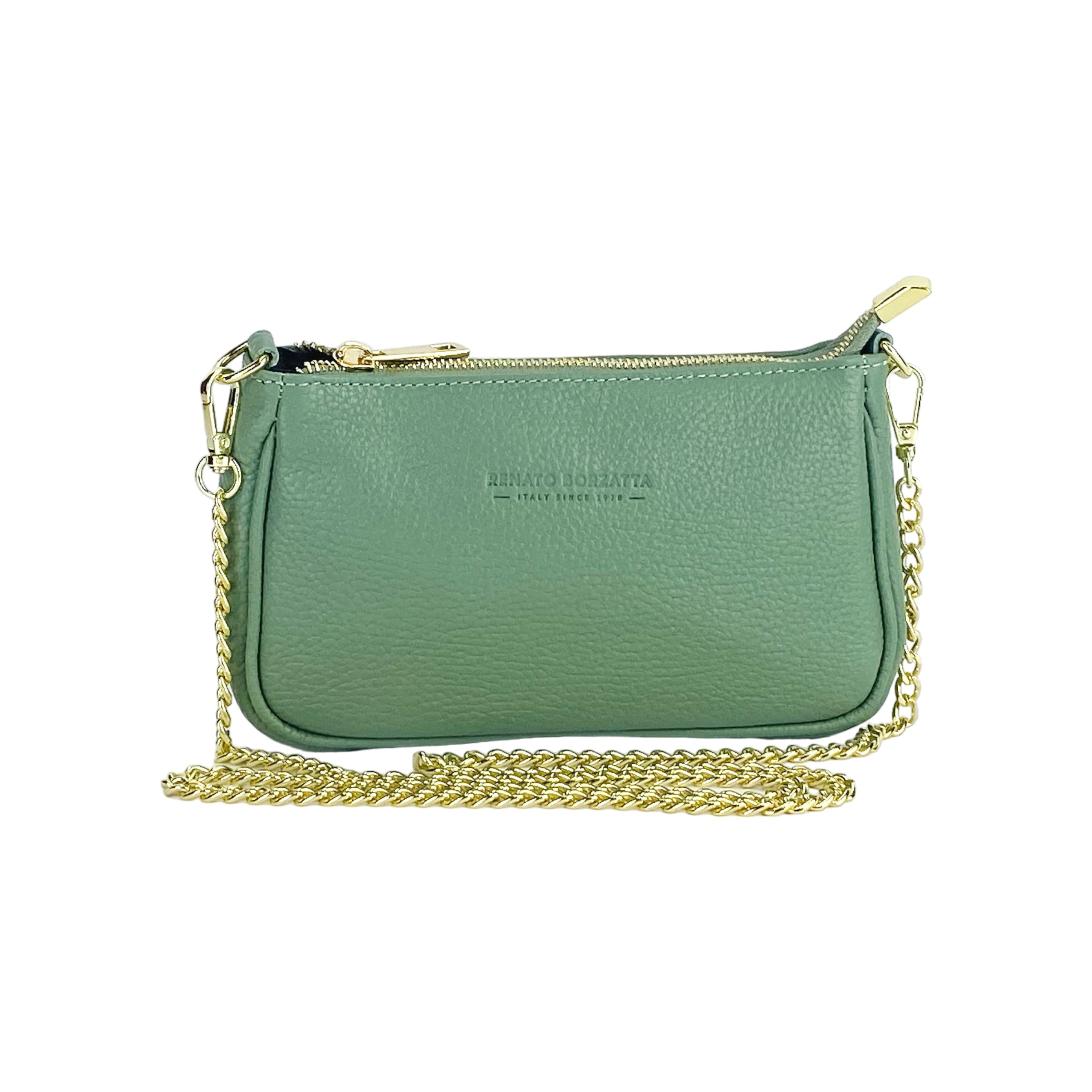 RB1022BF | Small Genuine Leather Bag Made in Italy with Removable Chain Shoulder Strap. Zip Closure and Polished Gold Metal Accessories. Mint Color. Dimensions: 20 x 12 x 6 cm.-1