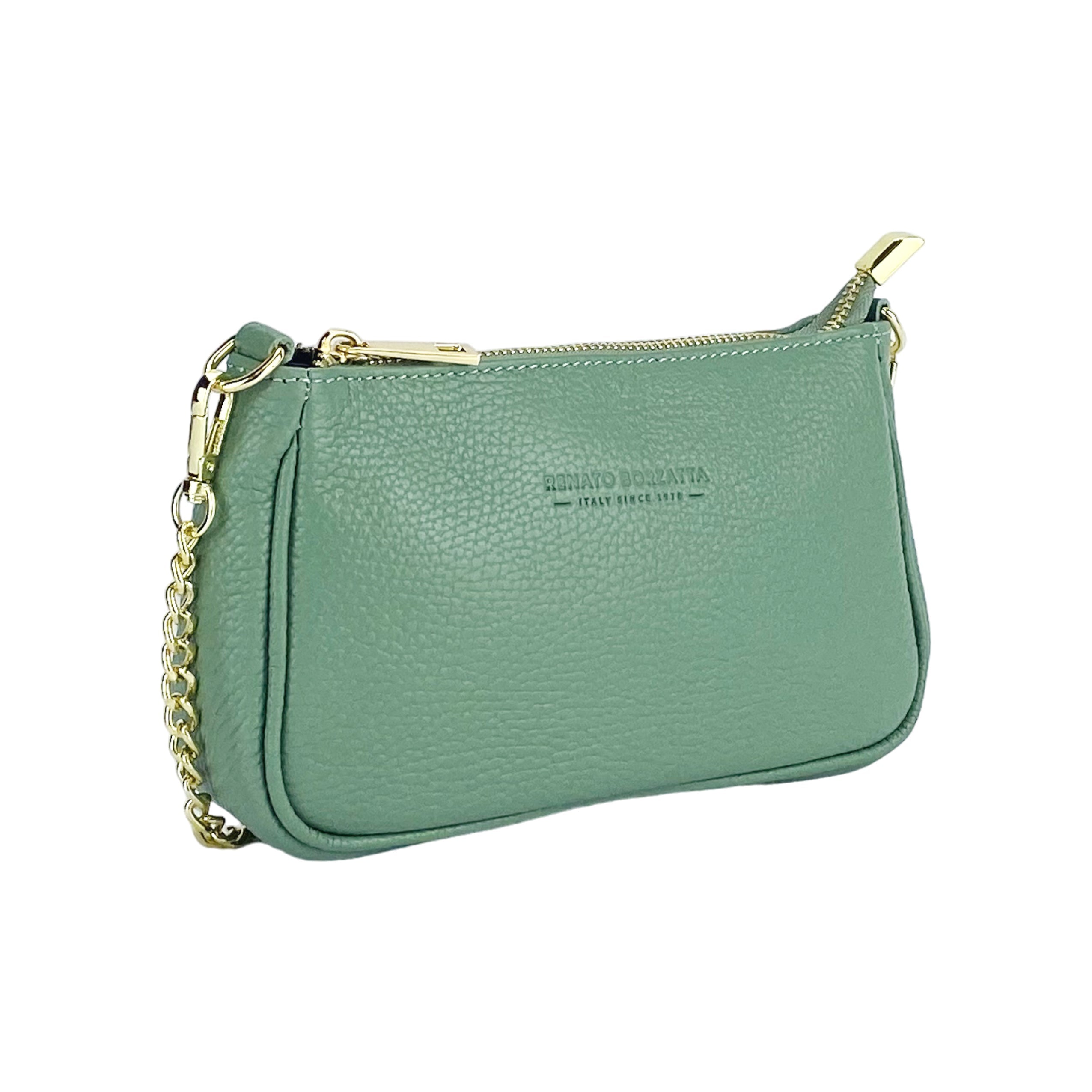 RB1022BF | Small Genuine Leather Bag Made in Italy with Removable Chain Shoulder Strap. Zip Closure and Polished Gold Metal Accessories. Mint Color. Dimensions: 20 x 12 x 6 cm.-2