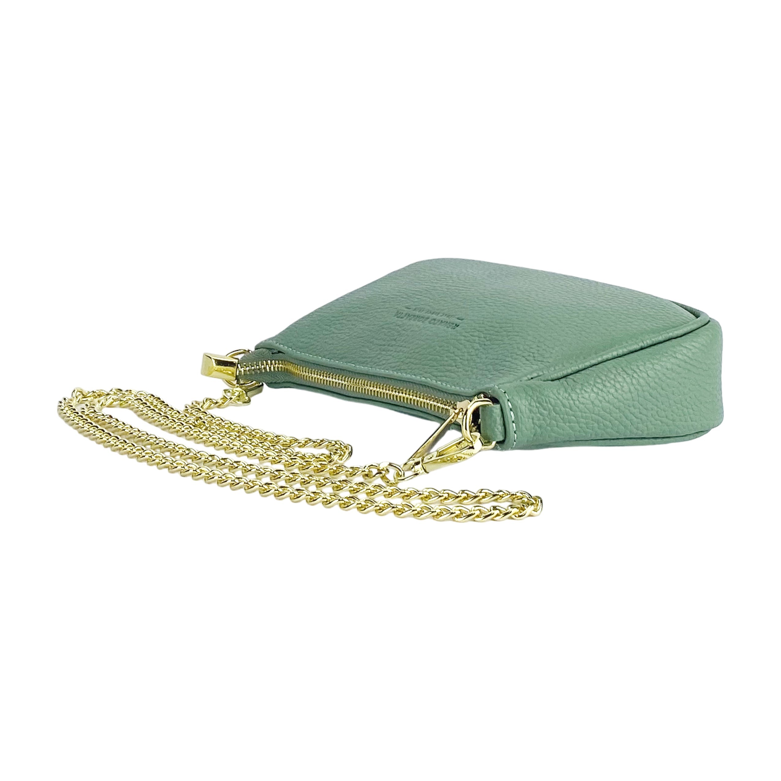 RB1022BF | Small Genuine Leather Bag Made in Italy with Removable Chain Shoulder Strap. Zip Closure and Polished Gold Metal Accessories. Mint Color. Dimensions: 20 x 12 x 6 cm.-3
