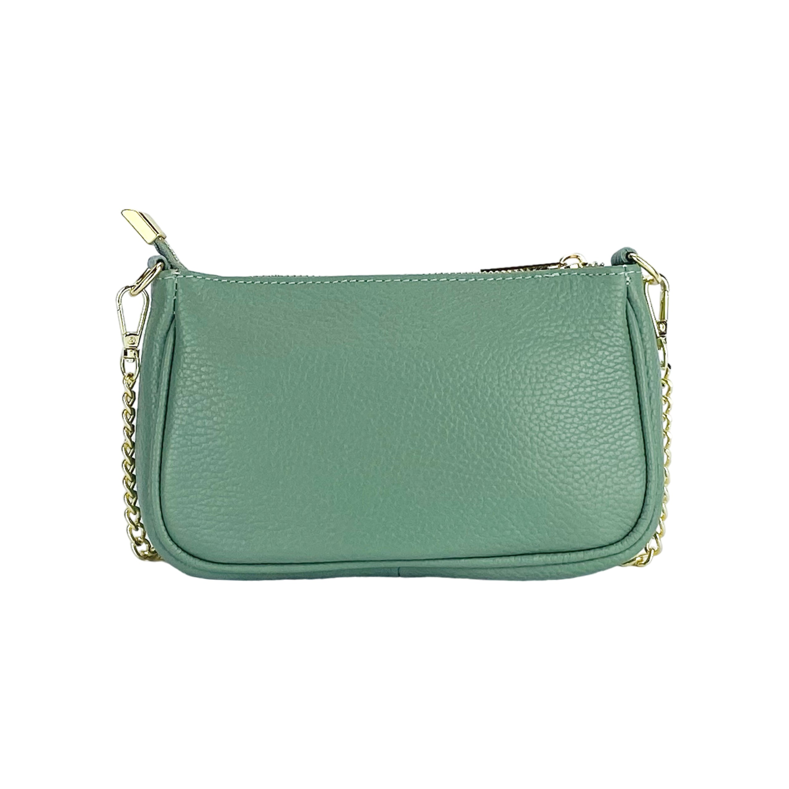 RB1022BF | Small Genuine Leather Bag Made in Italy with Removable Chain Shoulder Strap. Zip Closure and Polished Gold Metal Accessories. Mint Color. Dimensions: 20 x 12 x 6 cm.-4
